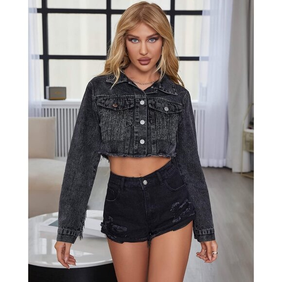 Women’s Crop Denim Jacket Tassel Casual Jean With Fringe Long Sleeves S107Black - Picture 3 of 6